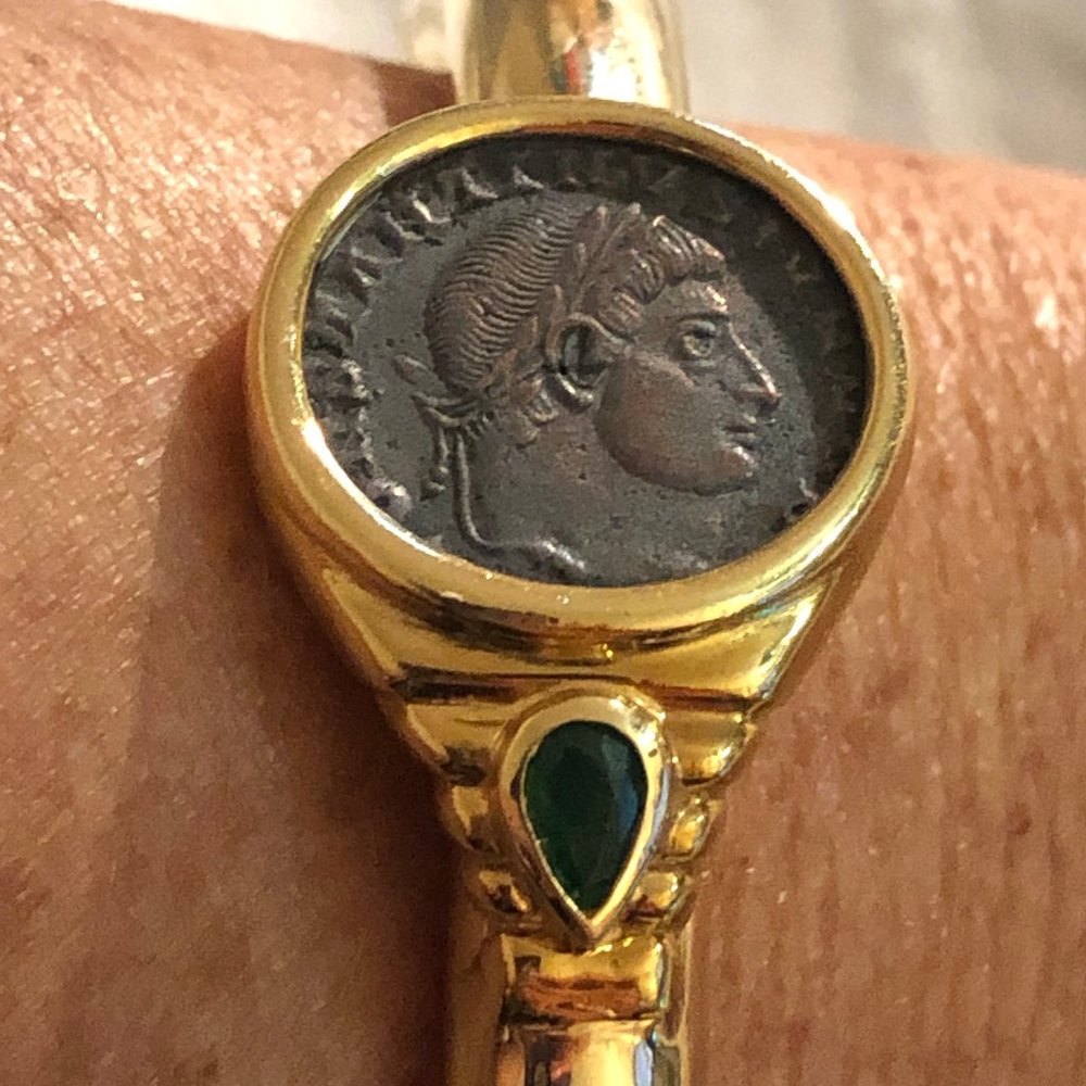 14K Roman Bronze Coin Emerald Accent Bangle
